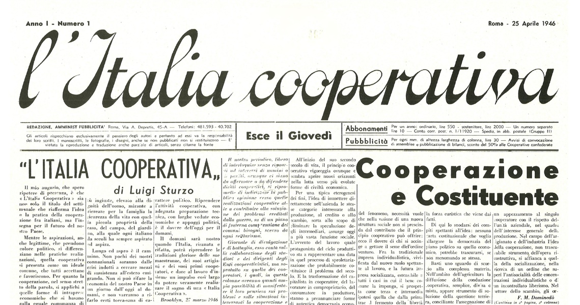 Confcooperative celebra gli 80 anni di Italia Cooperativa. Sul primo numero l'editoriale di Don Luigi Sturzo